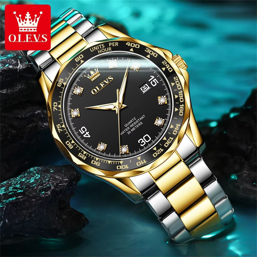 OLEVS Armbanduhr Quarz, Edelstahl, Diamant, Schwarz, Herren - Bild 4