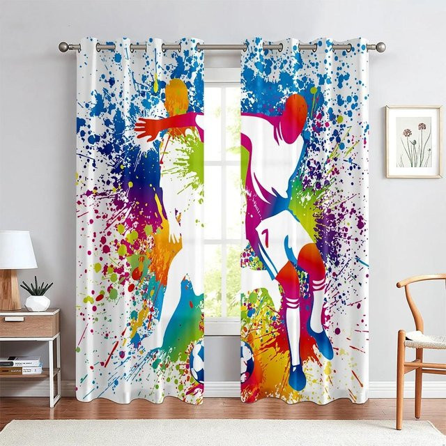 Yiran Furniture Vorhänge mit Fußball-Print in Aquarelloptik, 2er-Set, halbtransparent, Mehrfarbig, Breite: 50 cm, Höhe: 160 cm - Bild 1