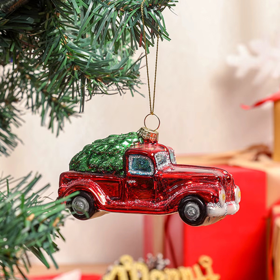 Mundgeblasener Weihnachts-LKW aus Glas als hängendes Ornament in Rot - Bild 2