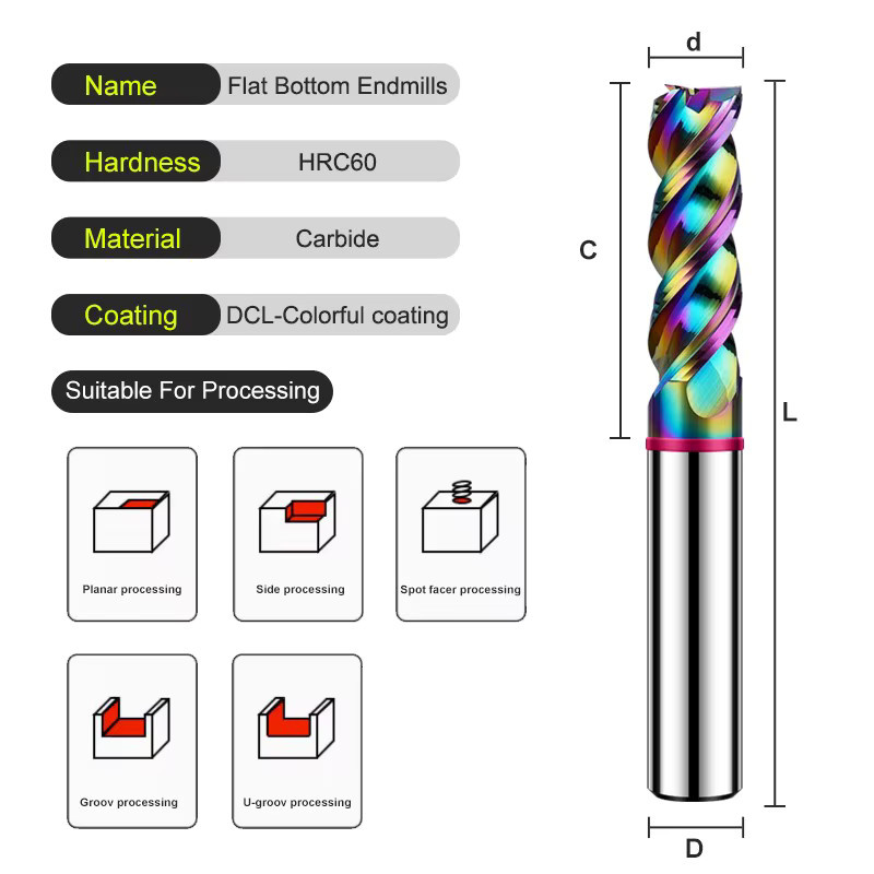 Gamont TGP-HRC60 3-flöte Flachfräser aus Wolframkarbid mit DLC-Beschichtung für die CNC-Bearbeitung von Aluminium, Mehrfarbig - Bild 2
