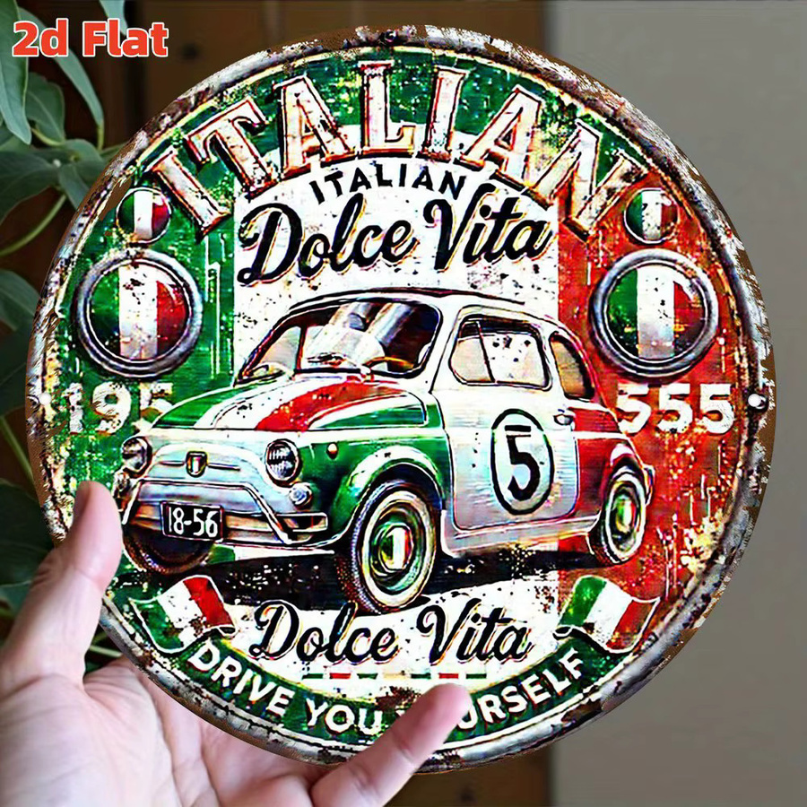 Potdemiel Rundes Italienisches Flaggen-Schild Abzeichen im Vintage-Stil aus Aluminium, Rot/Multicolor, Durchmesser: 20,0 cm - Bild 4