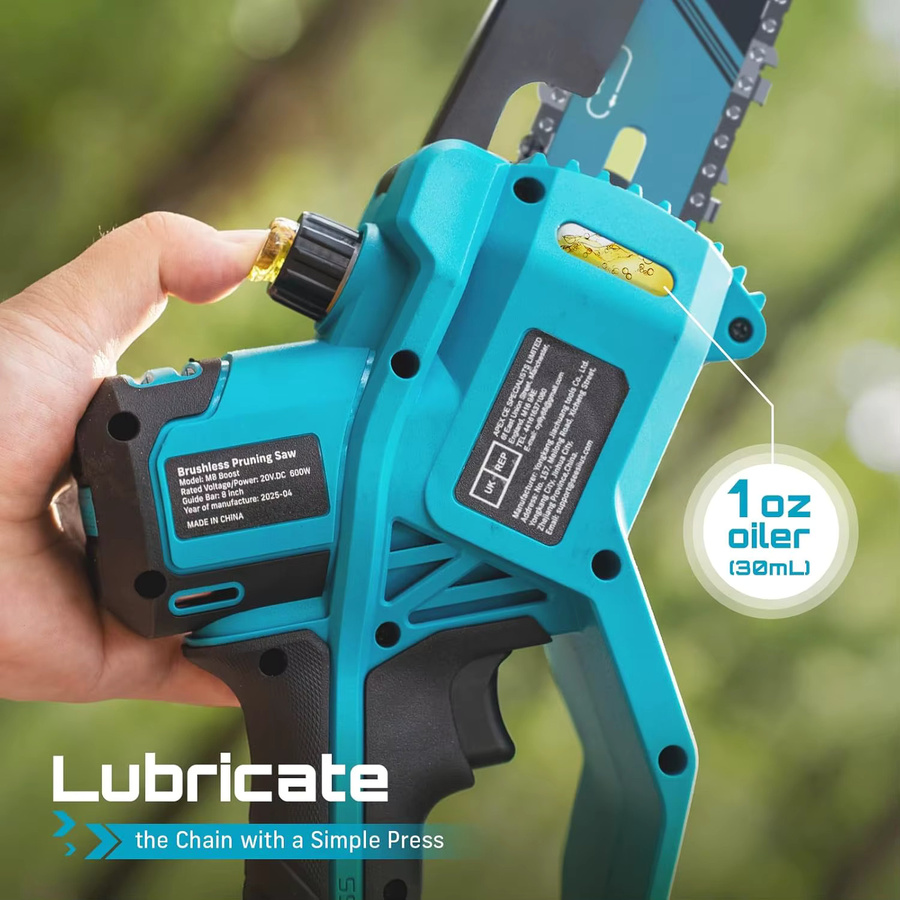 Seesii Akku-Kettensäge mit bürstenlosem Motor für Gartenpflege und Holzbearbeitung inklusive 2x 4000mAh Akkus und werkzeugloser Schmierung - Bild 6
