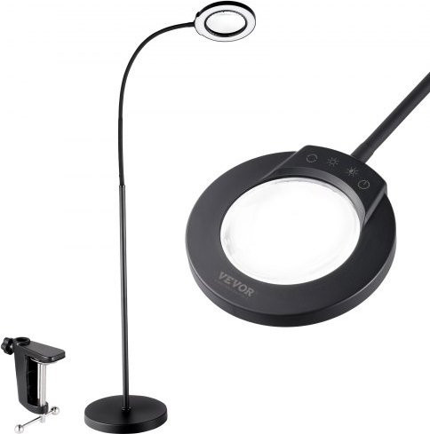VEVOR Stehlupe mit LED-Beleuchtung, 5-fache Vergrößerung, höhenverstellbare Bodenlampe in Schwarz mit dimmbarer Lichtfarbe und flexiblem Schwanenhals für Lesen und Handwerk - Bild 1