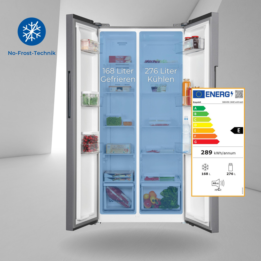 Exquisit Side by Side Kühlschrank SBS450-036E in Anthrazit mit No Frost und Dynamic Cooling, H x B x T: 168,0 x 91,2 x 76,0 cm - Bild 2