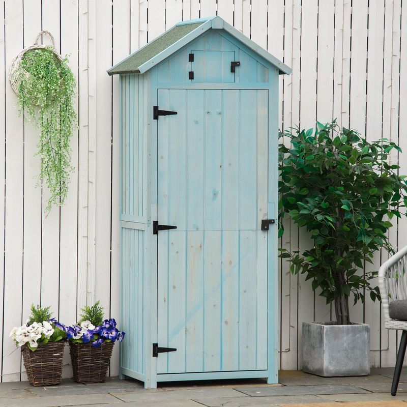 Outsunny Gartenschrank Gerätehaus aus Holz mit Fachböden und Fenstern, Farbe: Hellblau und Grün, B/T/H: 77 x 54,2 x 179 cm - Bild 2