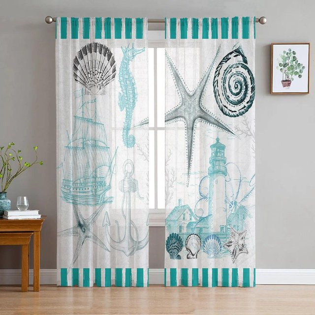 A Family Of Home Textiles Transparentes Tüll-Vorhang mit Ozean-Motiv in Blau, Breite: 135 cm, Höhe: 183 cm - Bild 1