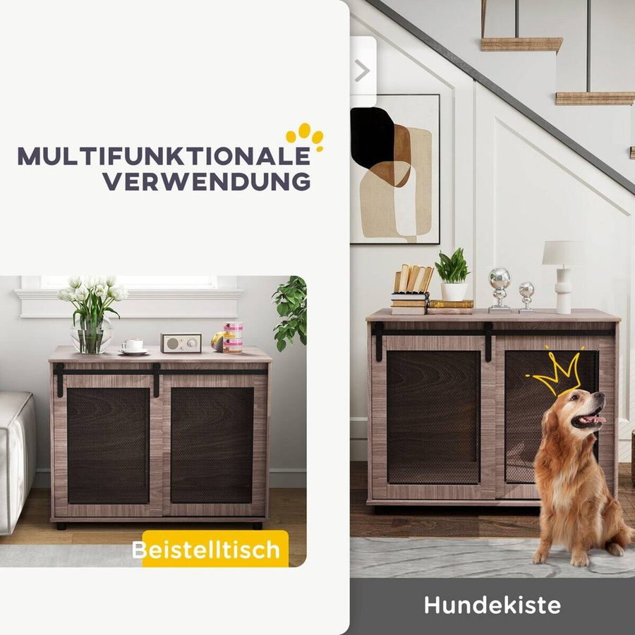 PawHut Hundekäfig als Beistelltisch mit 2 verschließbaren Türen, Hundebox aus Stahl und MDF, Farbe Nussbaum, B/T/H: 98 x 60 x 78 cm - Bild 4