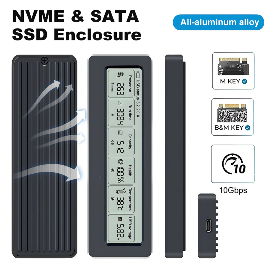 KEBIDU M.2 NVMe SATA SSD-Gehäuse mit visuellem Smart-Display, USB 3.2 Gen 2 10Gbps, Aluminium-Design inklusive USB-C-Adapter - Bild 3