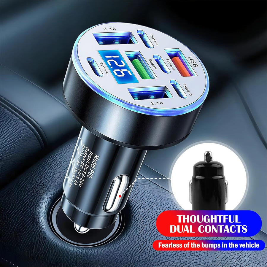 UYUXIO 8-in-1 USB-Autoladegerät in Schwarz mit Spannungsanzeige, 4 Typ-C-Anschlüsse und 4 USB-A-Anschlüsse, Multi-Port-Schnellladegerät mit Voltmeter - Bild 4