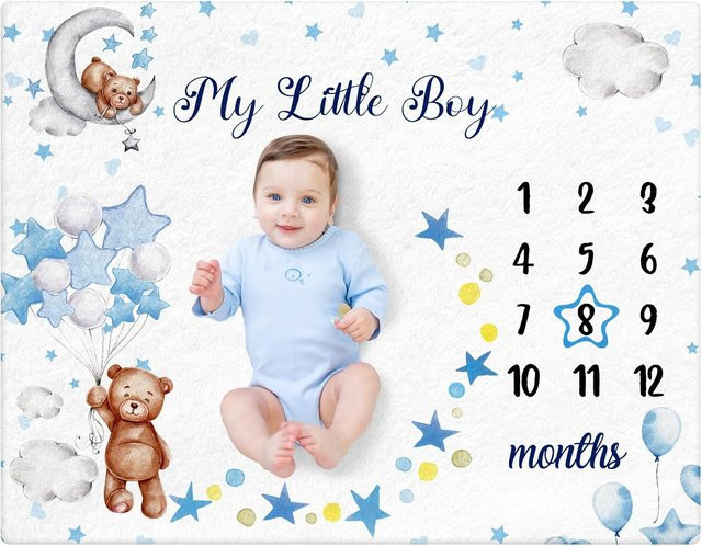 VIKAMA Baby Meilenstein Fotografie-Decke aus Flanell mit Bär und Ballon Motiv, Mehrfarbig - Bild 1