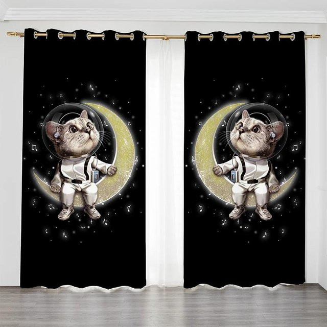 Yiran Furniture Verdunkelungsvorhang mit Katzenmuster in Schwarz, UV-beständig, Breite: 55 cm, Höhe: 120 cm - Bild 1