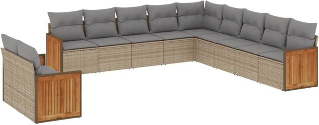 vidaXL 11-tlg. Garten-Sofagarnitur in L-Form aus Poly-Rattan und Akazienholz, Beige - Bild 1