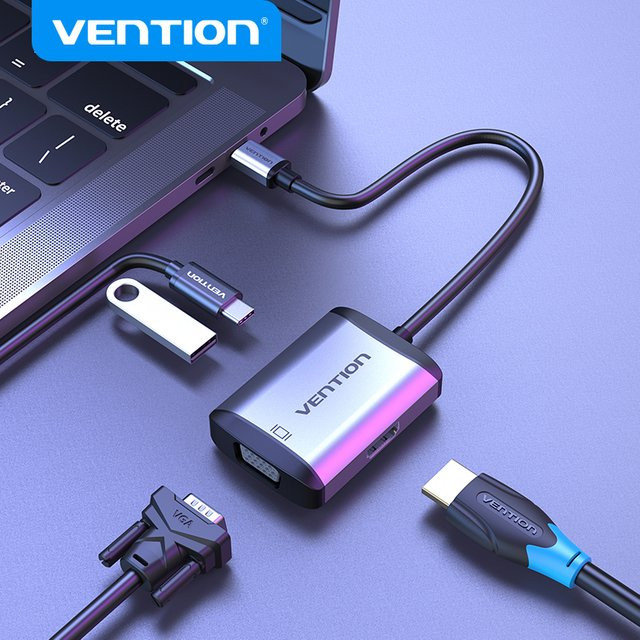 Vention 4 in 1 USB C Hub Multiport Adapter mit 4K HDMI, VGA, USB 3.0 und 87W PD für MacBook, PC, iPad und Samsung Tablet - Bild 1