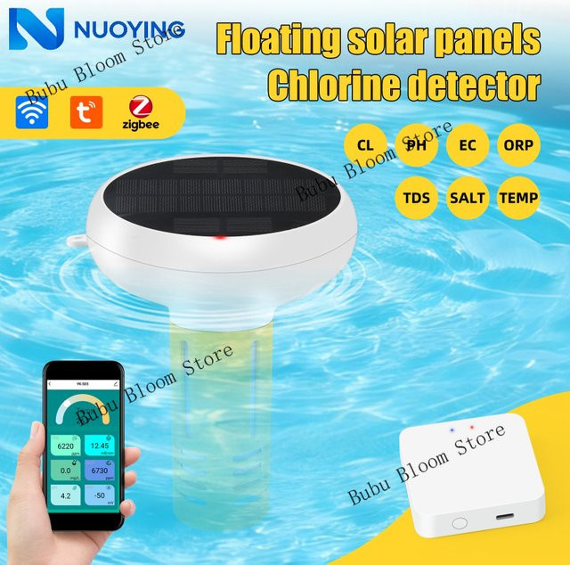 NUOYING 7-in-1 Solarbetriebener Schwimmender Wasserqualität-Tester mit Tuya ZigBee-Verbindung zur Messung von pH-Wert, ORP, TDS, Salzgehalt, Temperatur und Chlor in Weiß - Bild 1