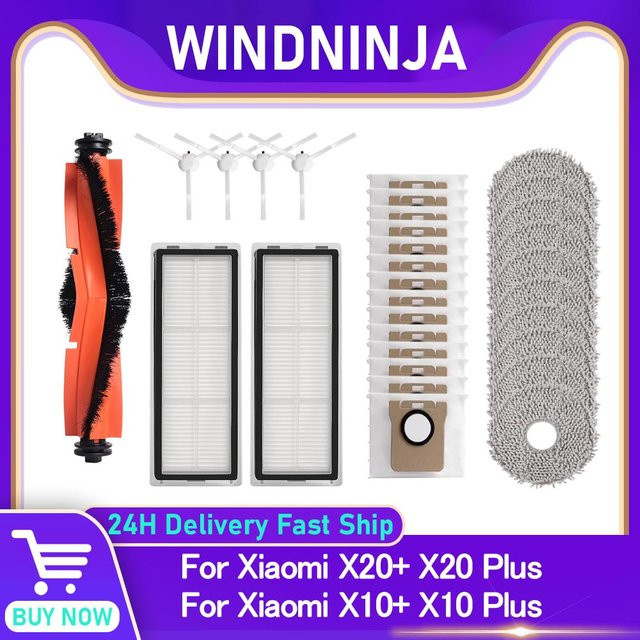 WINDNINJA Ersatzteil-Set für Xiaomi X20, X20 Plus und X10 Plus Roboterstaubsauger mit Seitenbürsten, Mopps, Filtern und Staubbeuteln - Bild 1