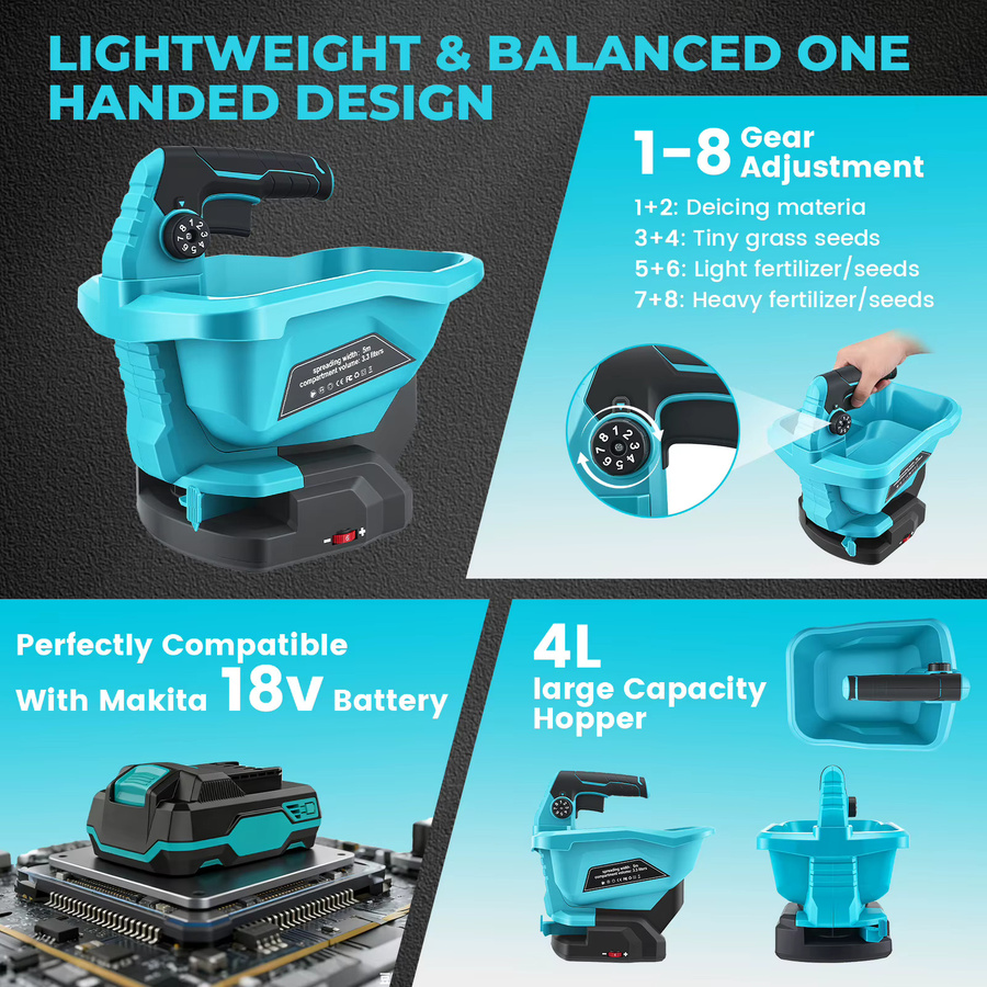 Kabelloser Makita Düngerstreuer mit 3,3 l Volumen, 6-stufig einstellbarer 8-stufiger Volumenregler, passend für Makita LXT 18V Akku, Blau - Bild 6