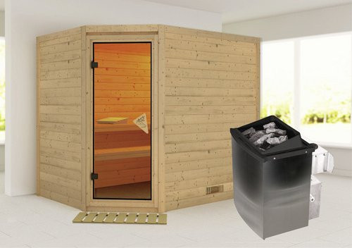 Karibu Sauna Kärdla aus Fichtenholz in Beige inklusive 9 kW Saunaofen mit integrierter Steuerung für 4 Personen B/T/H: 236 x 209 x 184 cm - Bild 1