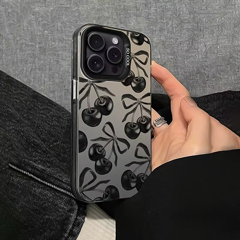 Apple Vitality Handyhülle aus galvanisiertem Laser-TPU mit Kirschmuster und schwarzer Schleife für iPhone 17 16 15 14 13 12 11 Pro Max Plus Mini und XS XR X 7 8 - Bild 2