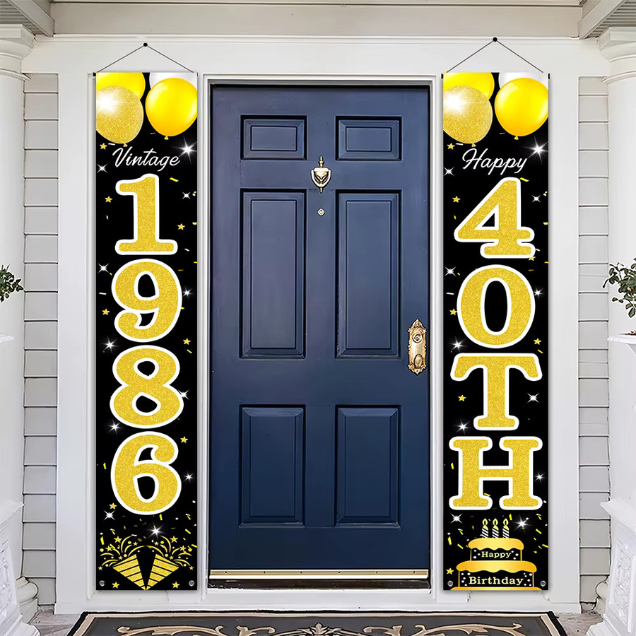 OURFETE Türbanner zum 40. Geburtstag in Schwarz und Gold, Vintage 1986 Dekoration mit Luftballons und Kuchen, Rechteckig, Höhe: 180 cm, Breite: 30 cm - Bild 2