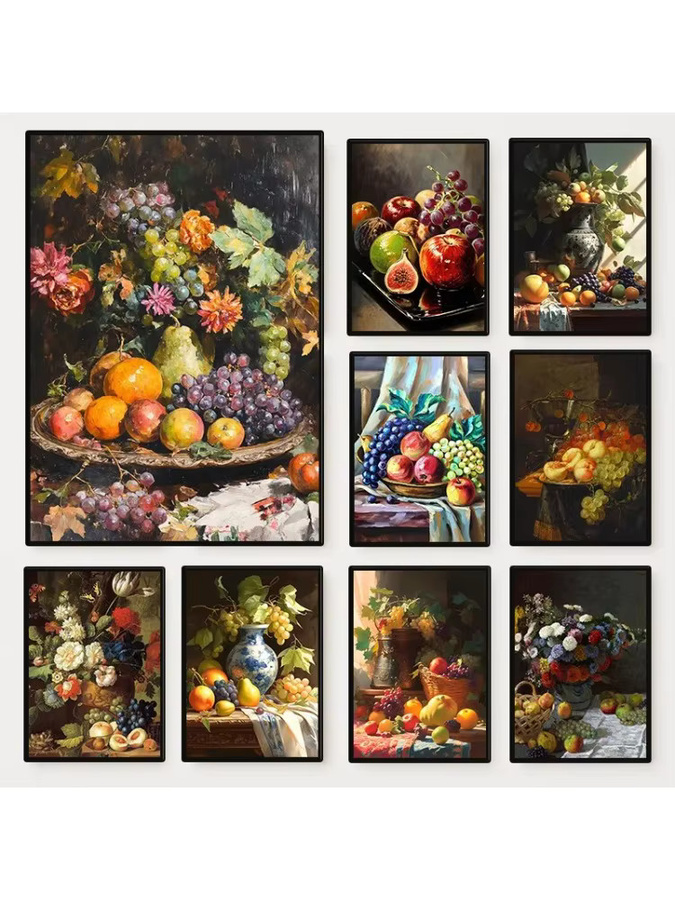 Vintage Stilleben mit Blumen und Früchten Leinwandgemälde von Potdemiel als Wandkunst für dein Wohnzimmer in Mehrfarbig - Bild 3