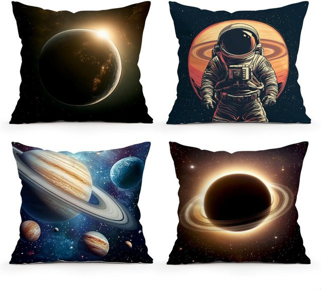 JFPillowPal 4er-Set Kissenbezüge mit Weltraum-Planeten-Motiv aus Polyester, quadratisch, B/B/B: 45 x 45 x 45 cm, Multicolour - Bild 1
