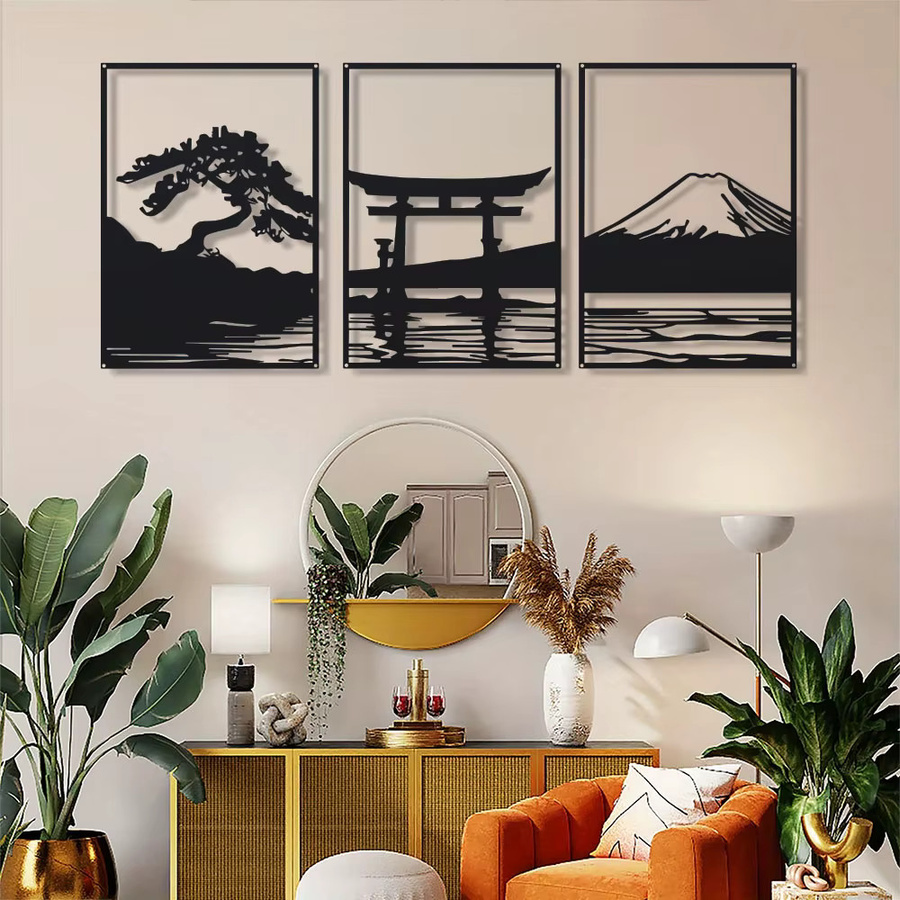 DDPNKL 3-teiliges Wandbild Set aus Metall mit minimalistischen Schwarz-Weiß-Silhouetten von Bonsai-Baum, Torii-Tor und Fuji-Berg in rechteckiger Form - Bild 3