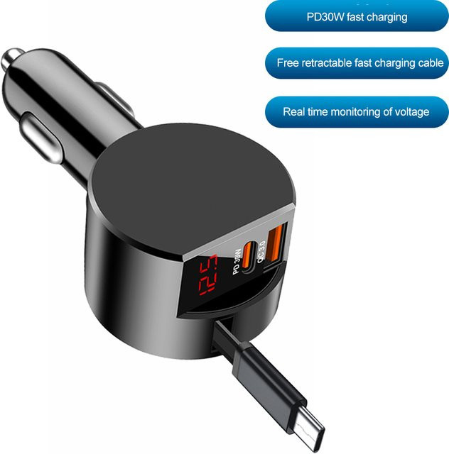 KEBETEME 3-in-1 Einziehbares Autoladegerät mit 30W PD30W Schnellladung, USB QC3.0 und Typ-C, Schwarz mit Spannungsanzeige - Bild 1