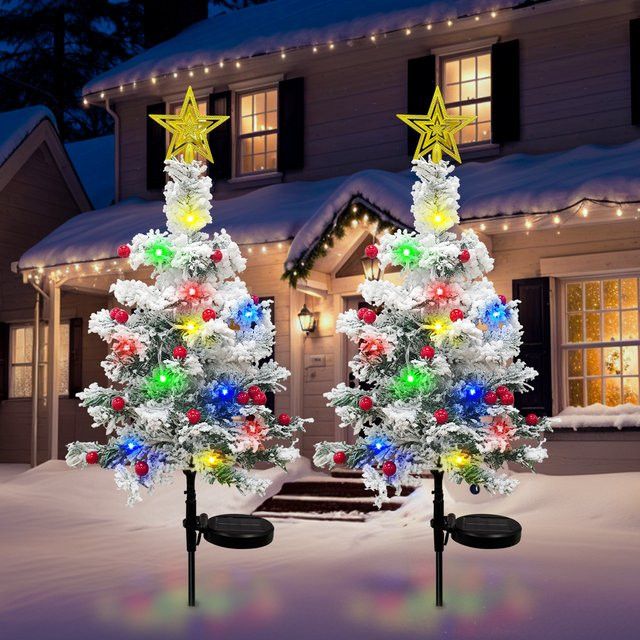 OurWarm 2 Stück Solar-Weihnachtsbaum für den Außenbereich, 29 Zoll beflockter Mini-Weihnachtsbaum mit 40 LEDs - Bild 1