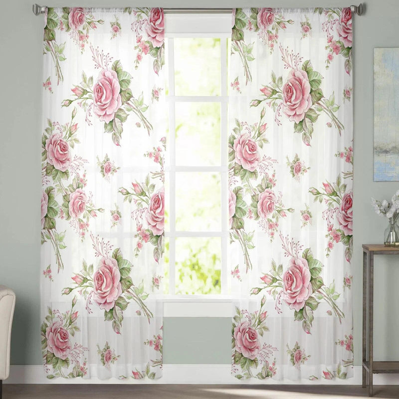 A Family Of Home Textiles Transparente Tüll-Vorhänge Rosa mit Blumenmuster, 2er-Set, Breite: 135 cm, Höhe: 183 cm - Bild 2