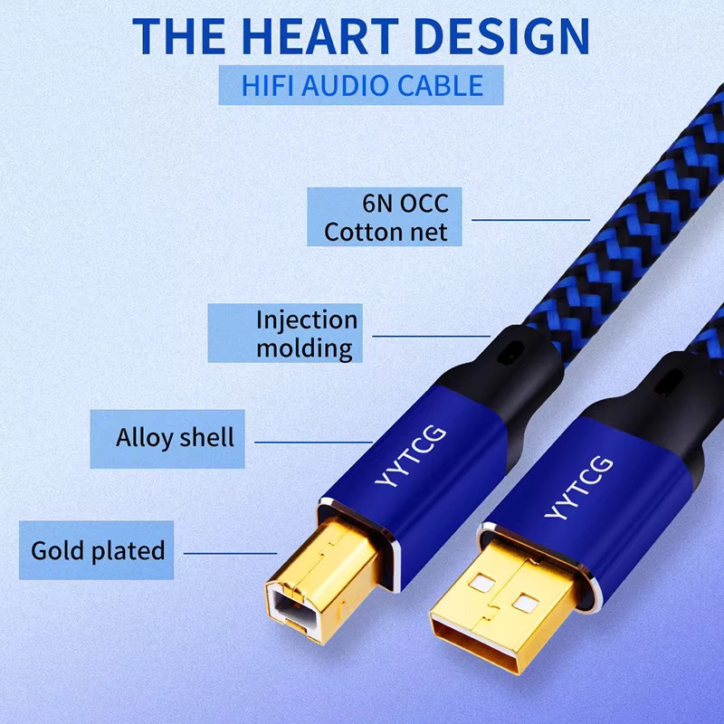 YYTCG USB DAC Kabel 6N OCC vergoldet und abgeschirmt, Typ A zu B oder C, Farbe Blau - Bild 3