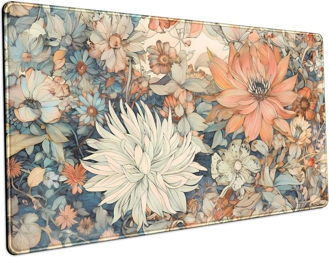 Retro-Schreibtischunterlage mit japanischem Blumenmuster in Multicolour – XXL-Mauspad im Boho-Design für Büro und Gaming - Bild 1