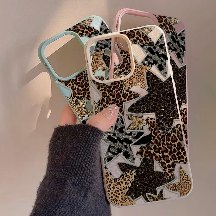 Handyhülle für Apple iPhone 12 bis 17 Pro Max und Air mit Leoparden-Print, Glitzer-Sternen und Patchwork-Textur in Schwarz und Multicolour - Bild 3