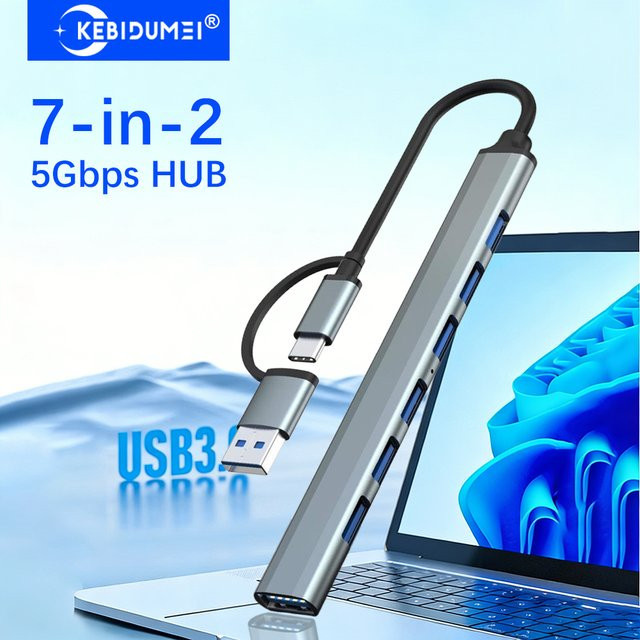 KEBIDUMEI 7-in-2 USB-C Dockingstation und USB 3.0 Hub mit 5Gbps, OTG Adapter für PC und Laptop, Farbe: Silber - Bild 1