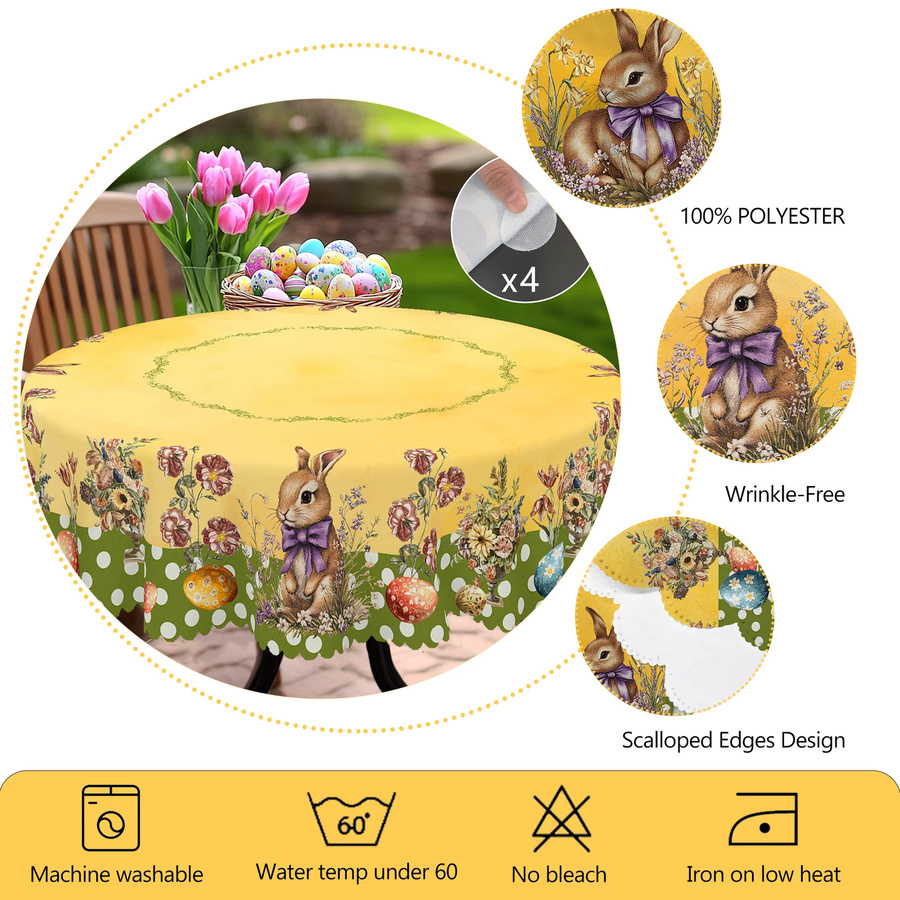 Oster-Tischdecke mit Hasenmuster und Blumen in Gelb, rund oder rechteckig aus Leinen-Polyester-Mischung - Bild 4