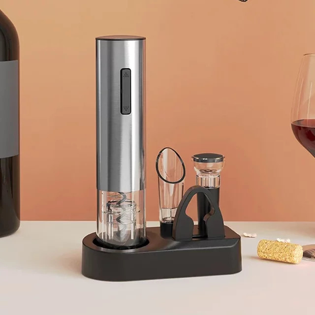 Venlohome 4-in-1 Elektrisches Weinöffner-Set in Weiß und Silber aus Edelstahl mit Folienschneider, Ausgießer, Vakuumstopfen und Aufbewahrungsbasis - Bild 1