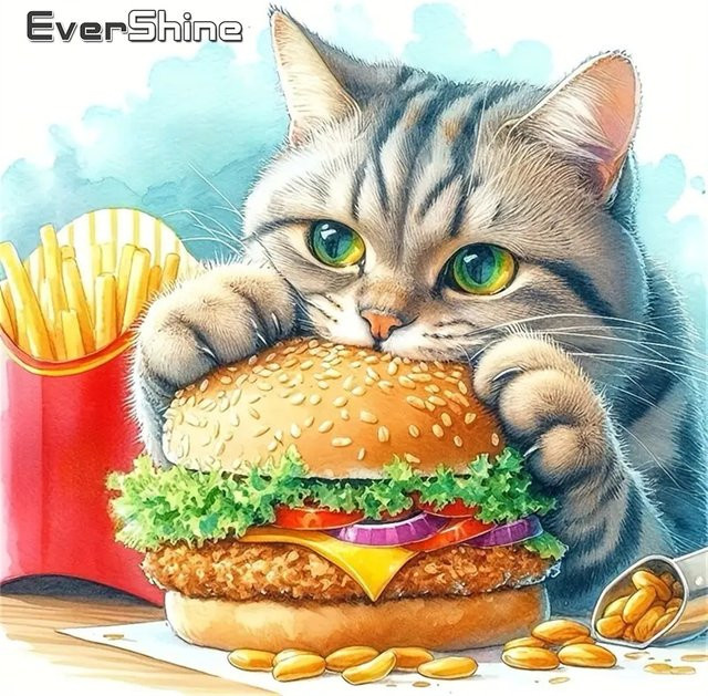 Evershine DIY Diamantstickerei Set Katze und Hamburger Motiv, Rundes Mosaik Bastelset Wandkunst, Mehrfarbig, B/H: 20 x 20 cm - Bild 1