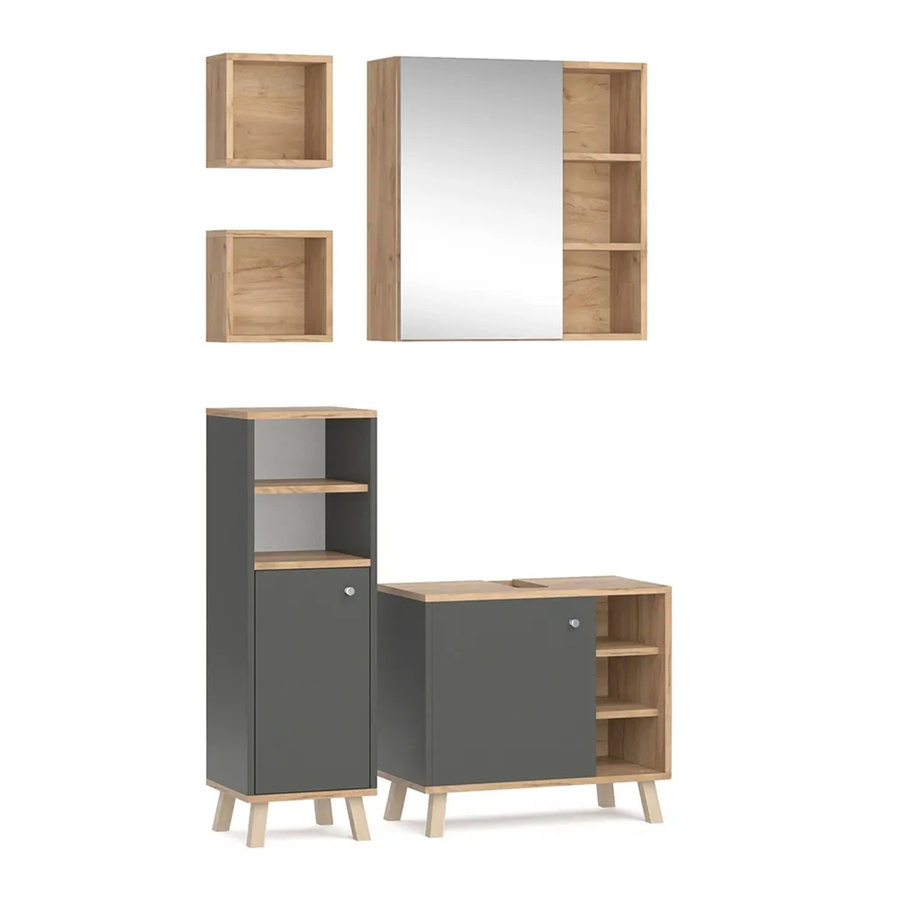 Vicco Badmöbel-Set Senyo in Anthrazit und Gold aus 4 Teilen mit Hängeschrank, Midischrank, Waschtischunterschrank und Spiegelschrank - Bild 3