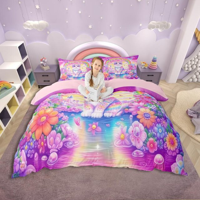 Homewish Kinder Bettwäsche Set mit Axolotl und Einhorn Design, florale Wildtier Dekoration, 2-teilig, B/H: 100 x 135 cm, Mehrfarbig - Bild 1