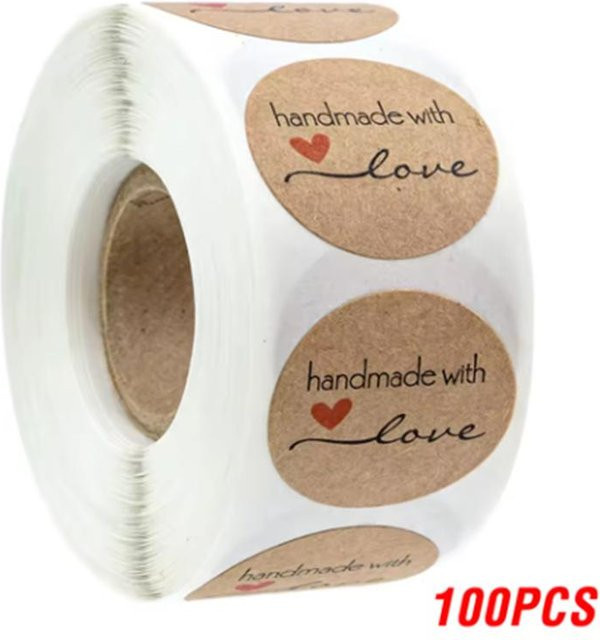 500 Stück Rui Di Vintage Aufkleber Handgemacht mit Liebe aus braunem Kraftpapier für Schreibwaren, Backen und Geschenke - Bild 1