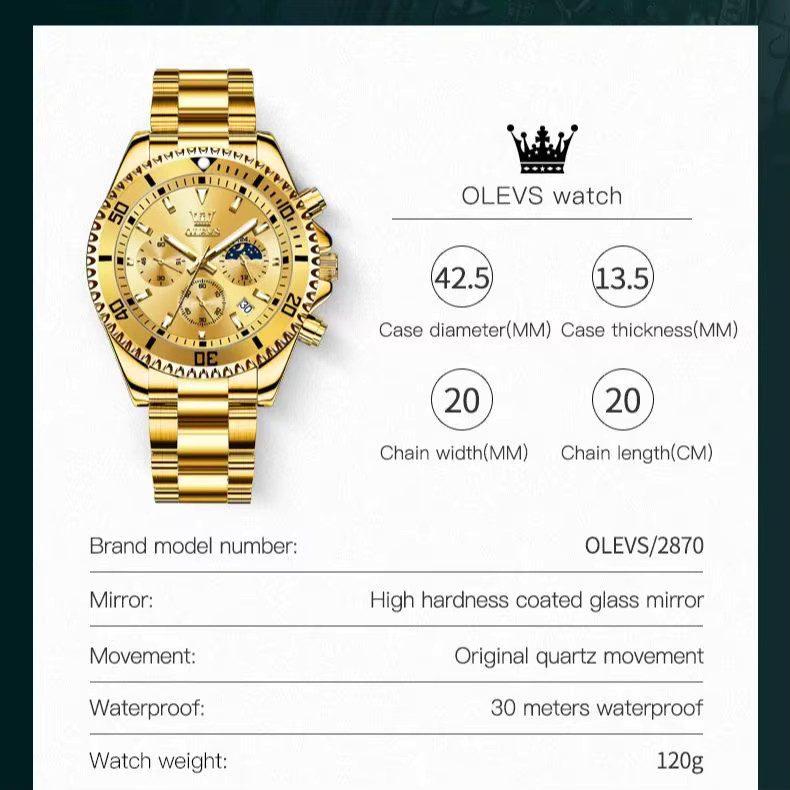 OLEVS Chronograph, Edelstahl, Gold, 42,5 mm, Herren - Bild 6