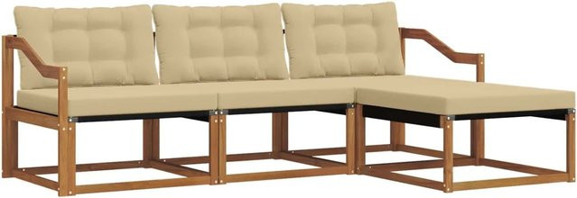 vidaXL Outdoor-Sofagarnitur L-Form aus Akazienholz mit Kissen und Ottoman, 4-teiliges Gartenmöbel-Set in Braun und Beige - Bild 1