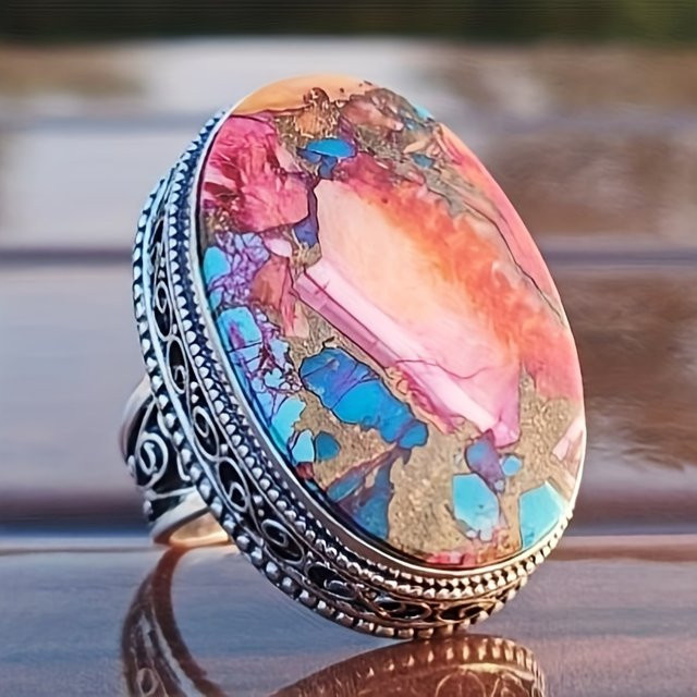 YoYo Ring, versilbert, Türkis, Damen, Vintage - Bild 1