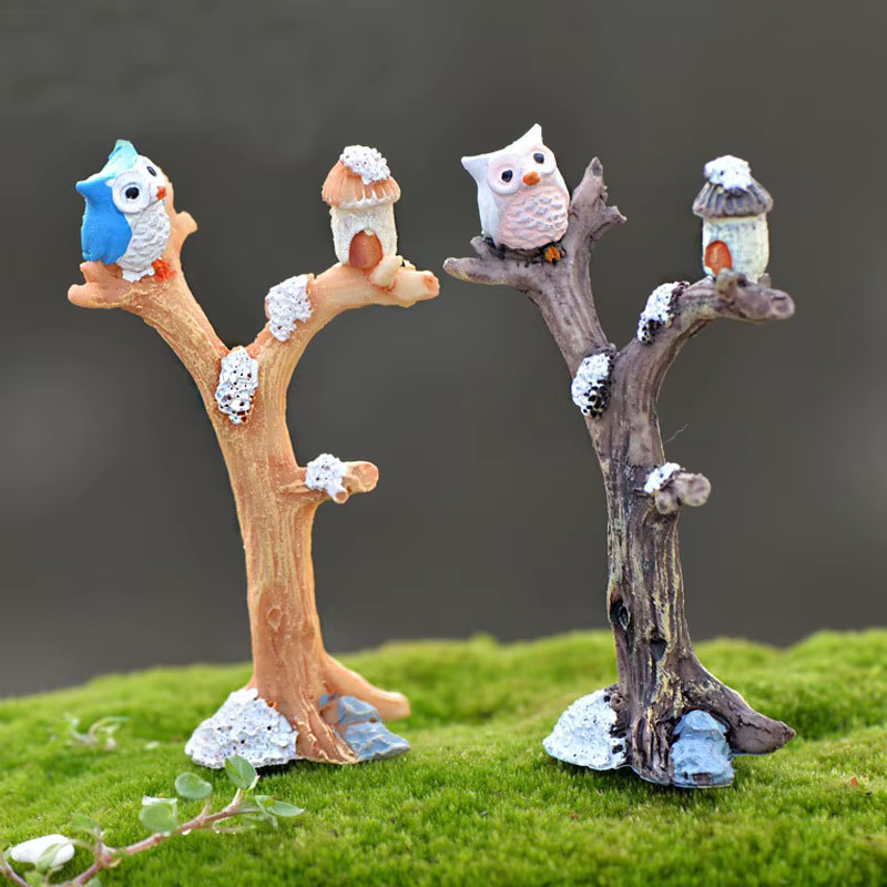 Otmagelu Harz-Eule mit Baum-Figuren als Miniatur-Vögel Ornament für deinen Feengarten und die Heimdekoration in Braun und Mehrfarbig - Bild 2