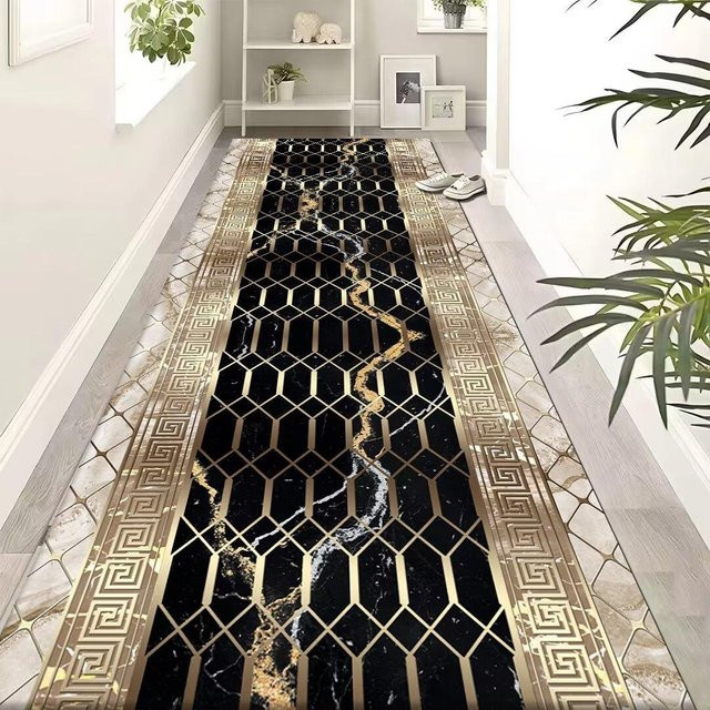Karpetti Flur Teppich Läufer in Gold und Schwarz, geometrisches Design, rutschfest und waschbar, B/T: 120 x 300 cm - Bild 1