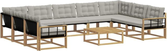 vidaXL Outdoor-Sofagarnitur aus massivem Akazienholz mit Textilene-Bezug und Kissen, 10-teilig, Weiß-hellgrau - Bild 1