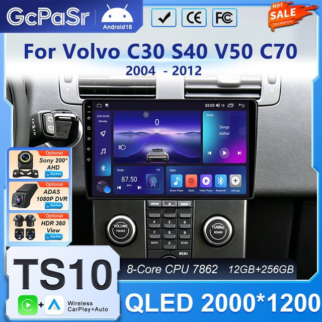 Autoradio mit Carplay und Android Auto für Volvo C30 S40 V50 C70, Multimedia Player in Schwarz - Bild 1