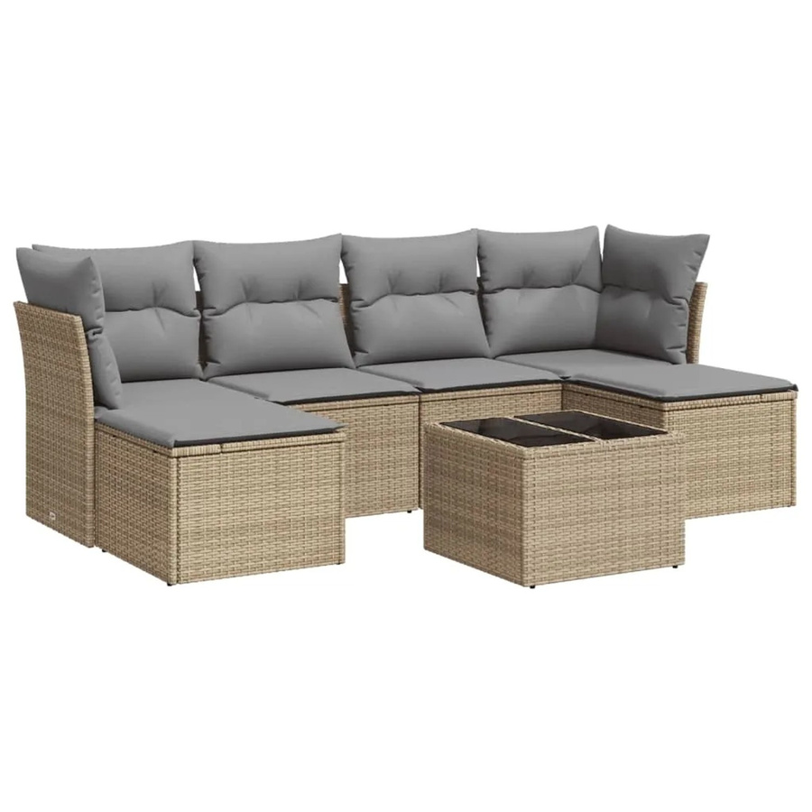 vidaXL 7-teilige Garten-Sofagarnitur in L-Form mit Polsterkissen und Couchtisch, Beige/Grau, Poly Rattan und Metallgestell - Bild 2