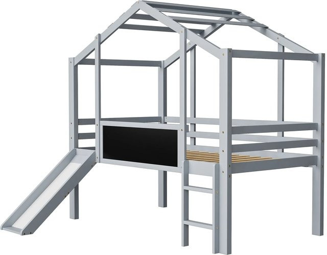 Merax Kinderbett mit Rutsche in Grau und Weiß, modernes Hochbett aus Massivholz mit Graffiti-Design, B/T/H: 200 x 90 x 174,5 cm - Bild 1