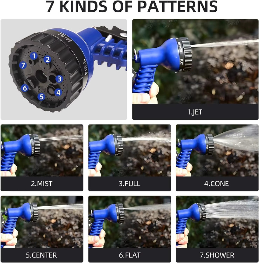 Flexibler erweiterbarer Gartenschlauch in Blau mit 7-Funktions-Sprühdüse und 3/4 Zoll sowie 1/2 Zoll Anschlüssen, Länge: 30,48 m - Bild 2