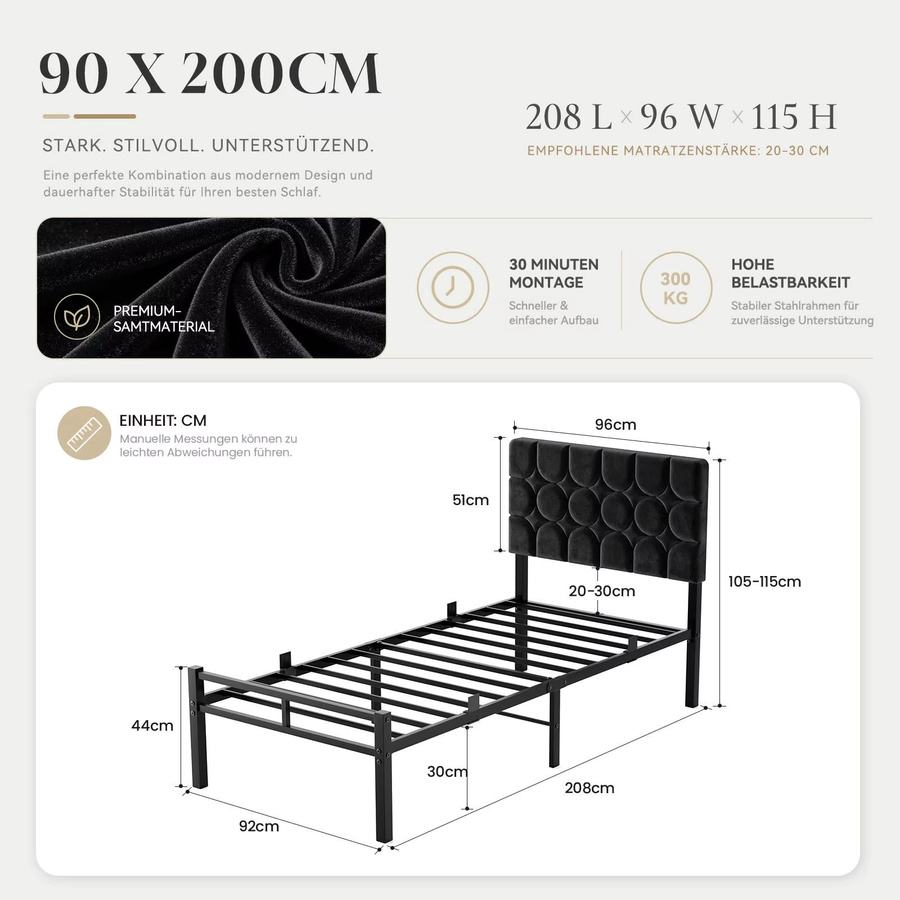 KUTAS Einzelbett aus Metall mit gepolstertem Kopfteil in Grau, Samt, B/T: 90 x 200 cm - Bild 6